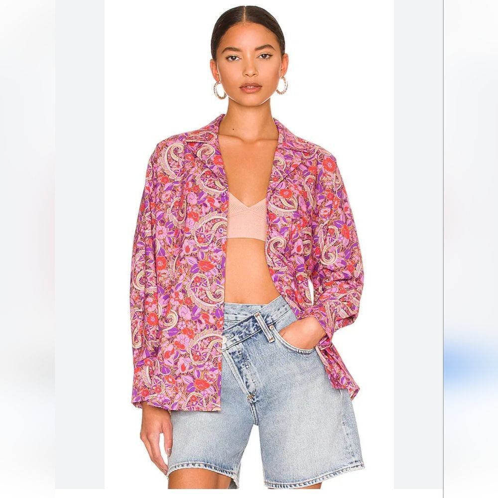 Tell Your Friends Revolve Paisley Floral Print Oversized Button up Boho Shirt l